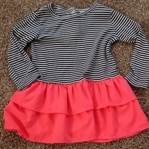 Blue striped dress with orange skirt